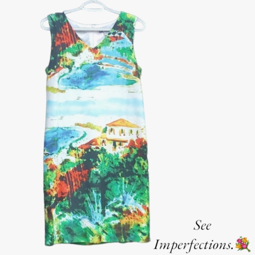 Leslie Fay Tropical Island Watercolor Beach Bungalow Pattern Cotton Dress 8